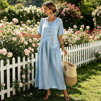 Robe maxi Femme Coton Lin Boutons Poches