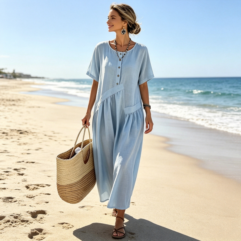 Robe maxi Femme Coton Lin Boutons Poches