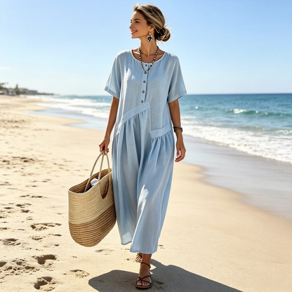 Robe maxi Femme Coton Lin Boutons Poches