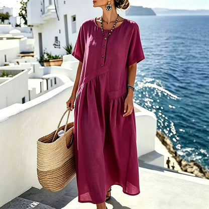 Robe maxi Femme Coton Lin Boutons Poches