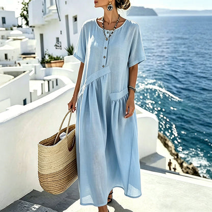 Robe maxi Femme Coton Lin Boutons Poches - PanierRoyale