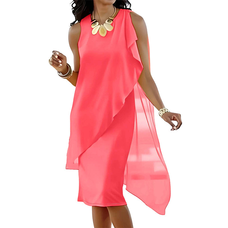 Robe Femme Mousseline Sans Manches Ourlet Asymétrique
