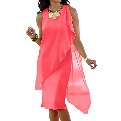 Robe Femme Mousseline Sans Manches Ourlet Asymétrique