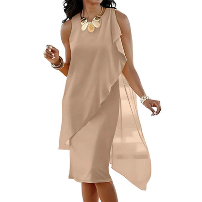 Robe Femme Mousseline Sans Manches Ourlet Asymétrique