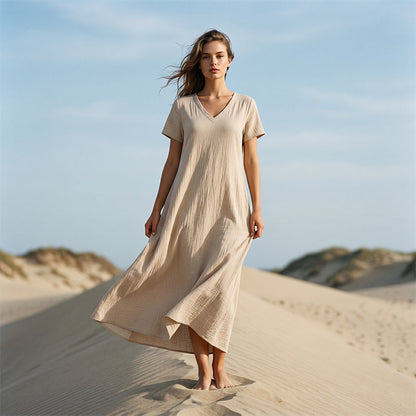 Robe maxi Femme Fluide Col en V Manches Courtes Poches