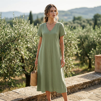 Robe maxi Femme Fluide Col en V Manches Courtes Poches