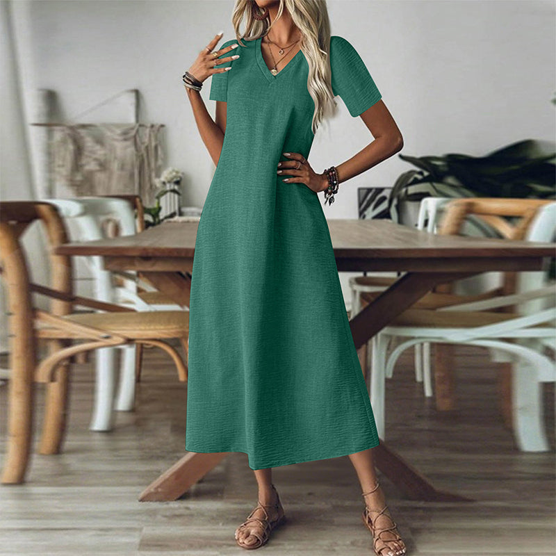 Robe maxi Femme Fluide Col en V Manches Courtes Poches