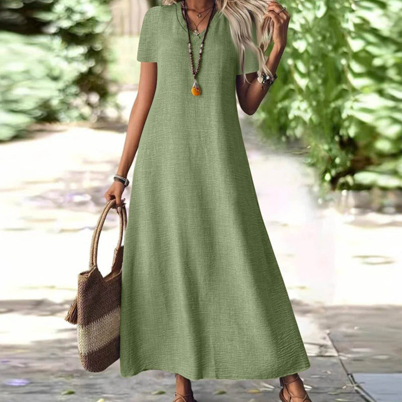 Robe maxi Femme Fluide Col en V Manches Courtes Poches