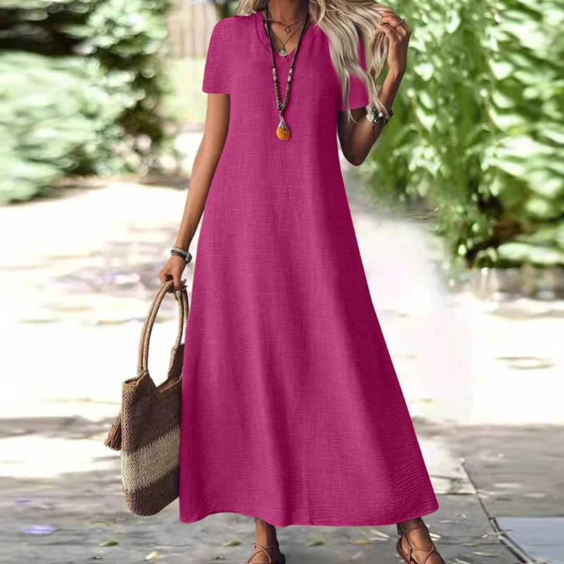 Robe maxi Femme Fluide Col en V Manches Courtes Poches