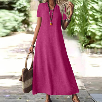 Robe maxi Femme Fluide Col en V Manches Courtes Poches