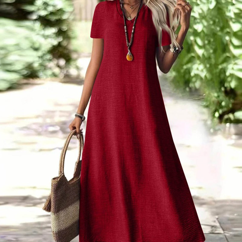 Robe maxi Femme Fluide Col en V Manches Courtes Poches