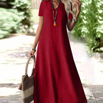 Robe maxi Femme Fluide Col en V Manches Courtes Poches