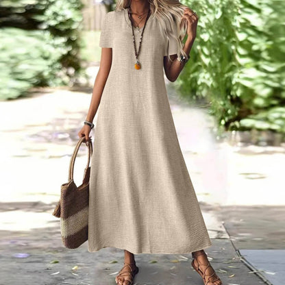 Robe maxi Femme Fluide Col en V Manches Courtes Poches