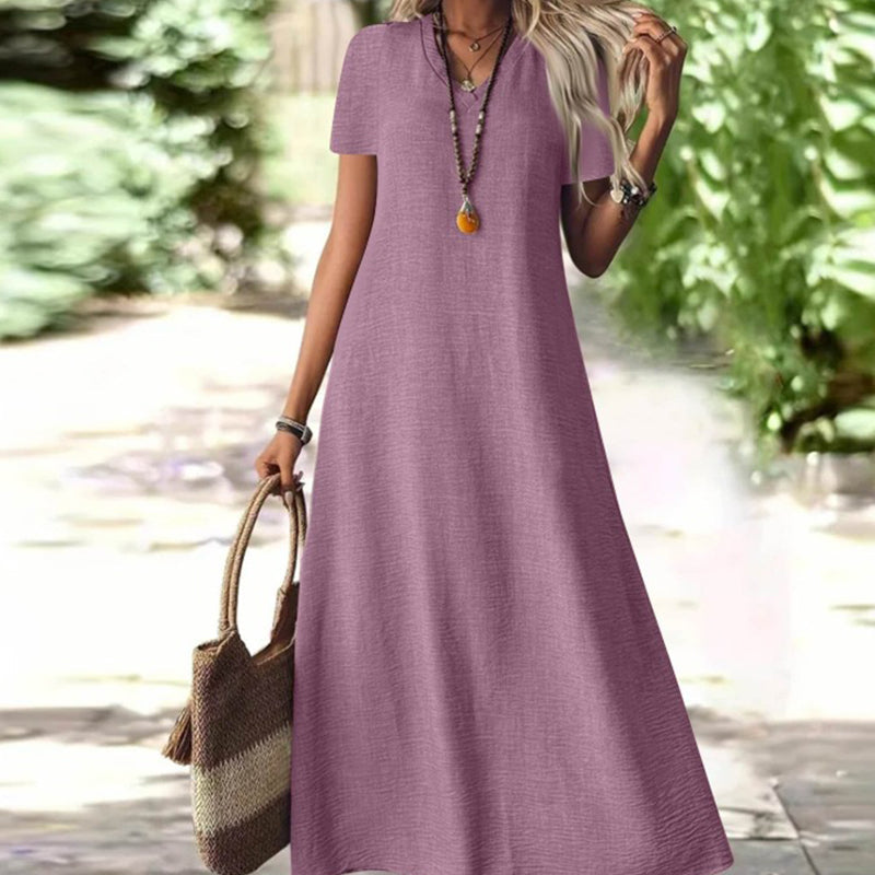 Robe maxi Femme Fluide Col en V Manches Courtes Poches