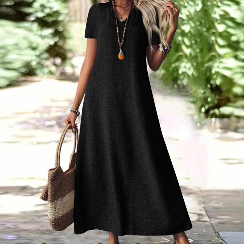 Robe maxi Femme Fluide Col en V Manches Courtes Poches
