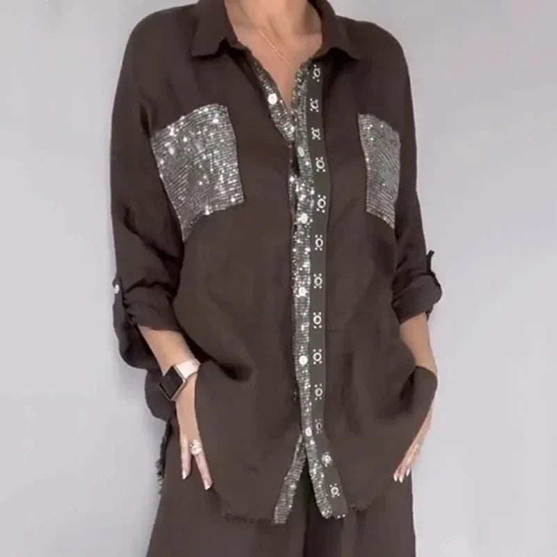 Ensemble Femme Blouse Fluide et Pantalon Large Coupe Ample