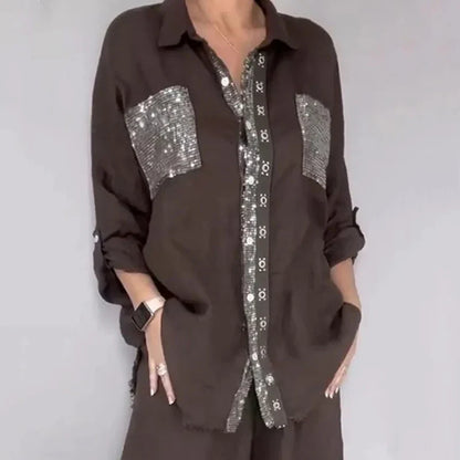Ensemble Femme Blouse Fluide et Pantalon Large Coupe Ample