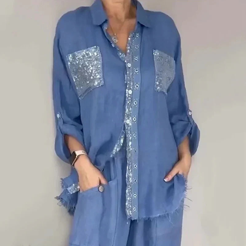Ensemble Femme Blouse Fluide et Pantalon Large Coupe Ample