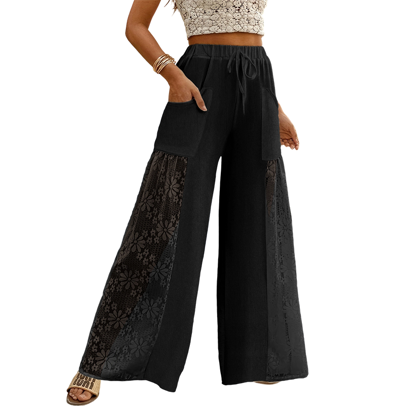 Pantalon Femme Fluide Dentelle Florale Cordon Taille Ajustable