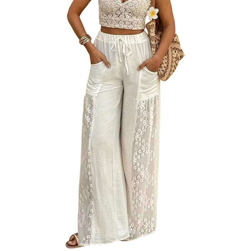 Pantalon Femme Fluide Dentelle Florale Cordon Taille Ajustable - PanierRoyale