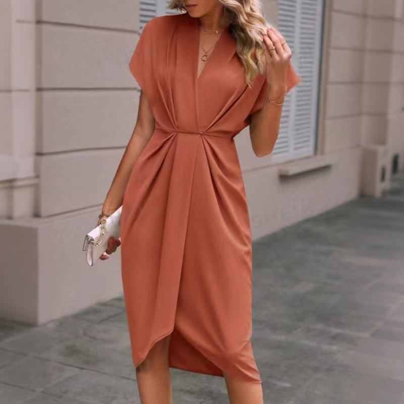 Robe midi Femme Col en V Taille Plissée
