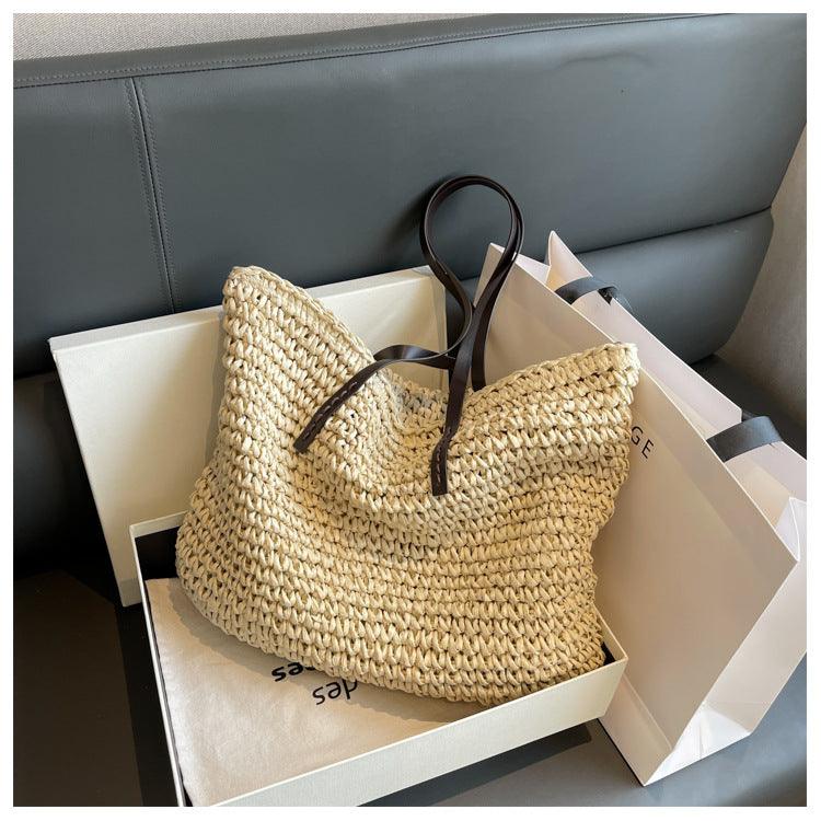 Sac à Main Paille Tressée avec Poignées en Cuir - PanierRoyale