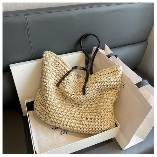 Sac à Main Paille Tressée avec Poignées en Cuir - PanierRoyale