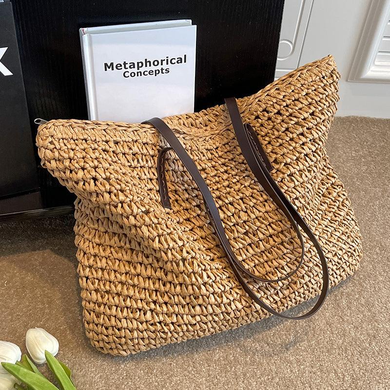 Sac à Main Paille Tressée avec Poignées en Cuir