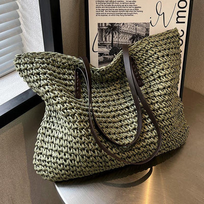 Sac à Main Paille Tressée avec Poignées en Cuir