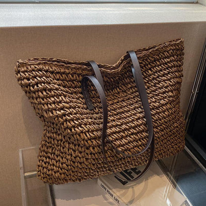 Sac à Main Paille Tressée avec Poignées en Cuir