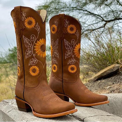 Bottes Cowboys Femmes Tournesol avec Talon Plat