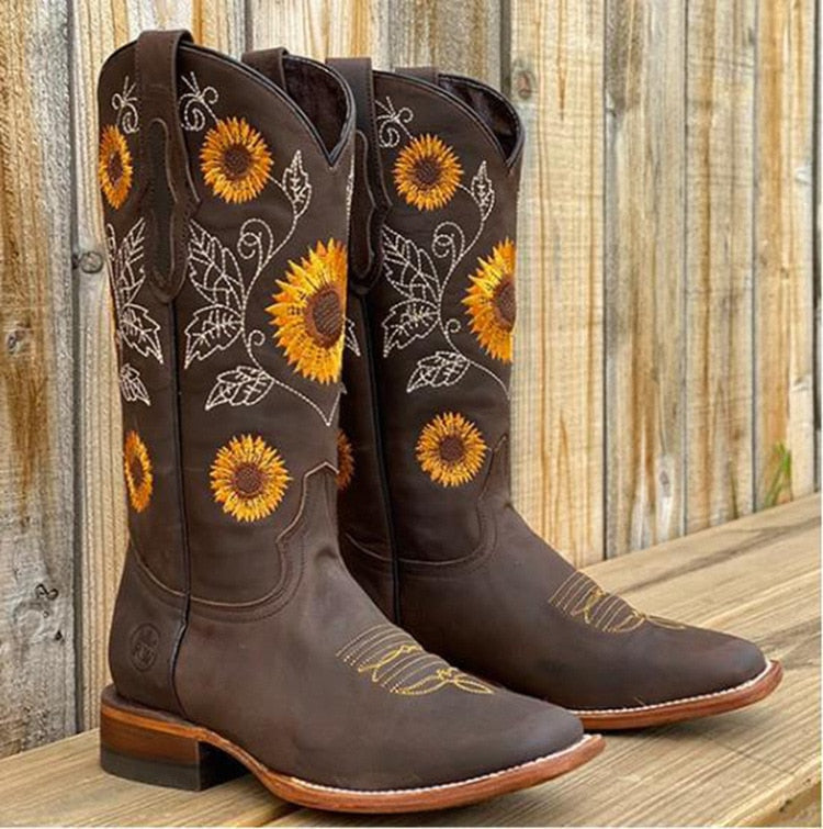 Bottes Cowboys Femmes Tournesol avec Talon Plat