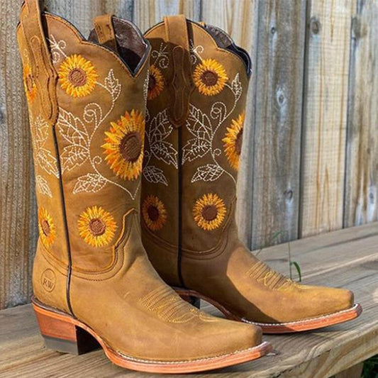 Bottes De Cowboy Brodées Tournesols Pour Femme | Talon Carré