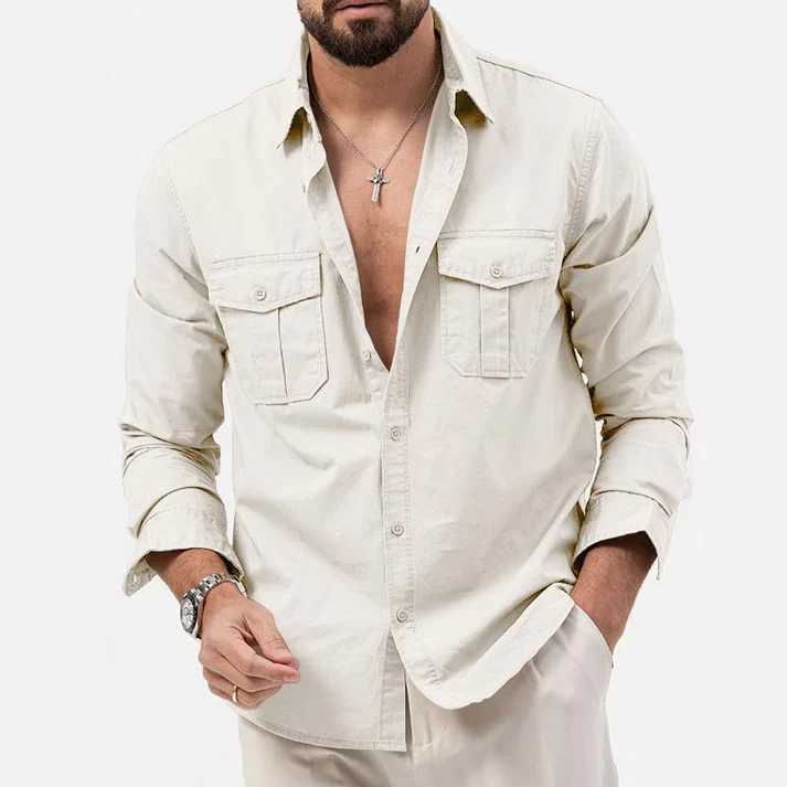 Chemise Homme Coton Manches Longues avec Poches