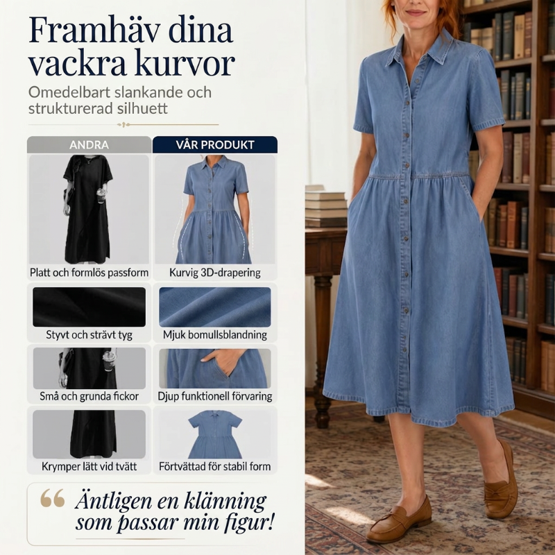 Robe Chemise Femme Effet Jean Boutons Coupe Aline