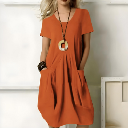 Robe Femme Coton Ample Col Rond Manches Longues Poches