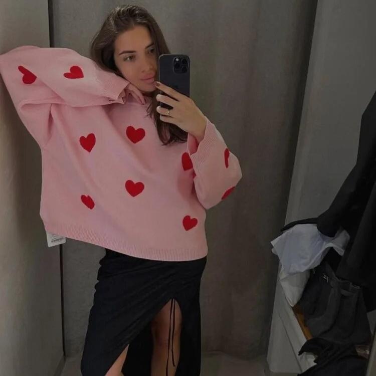 Pull à Col V Douillet avec Imprimé Cœur - PanierRoyale