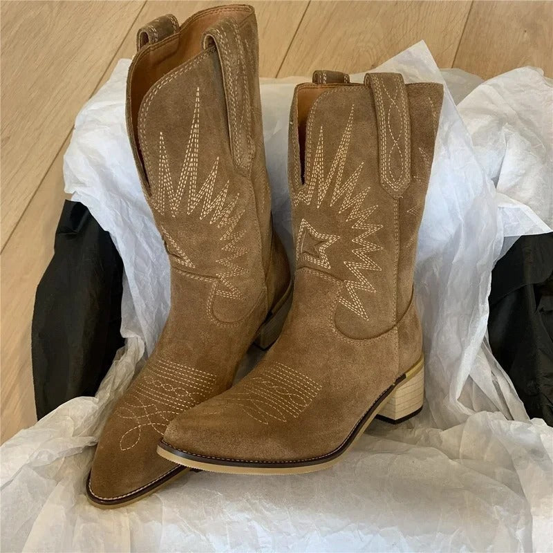 Bottes cowboy femme à talons bas et pointe fine - PanierRoyale