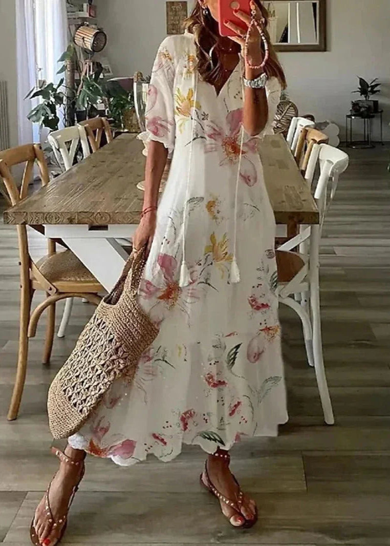 Robe Été Florale Longue avec Ceinture et Manches Courtes - PanierRoyale