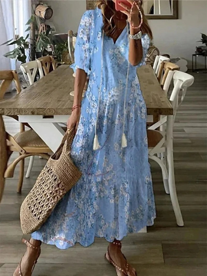 Robe Bohème Été Longue avec Ceinture et Décolleté Plongeant