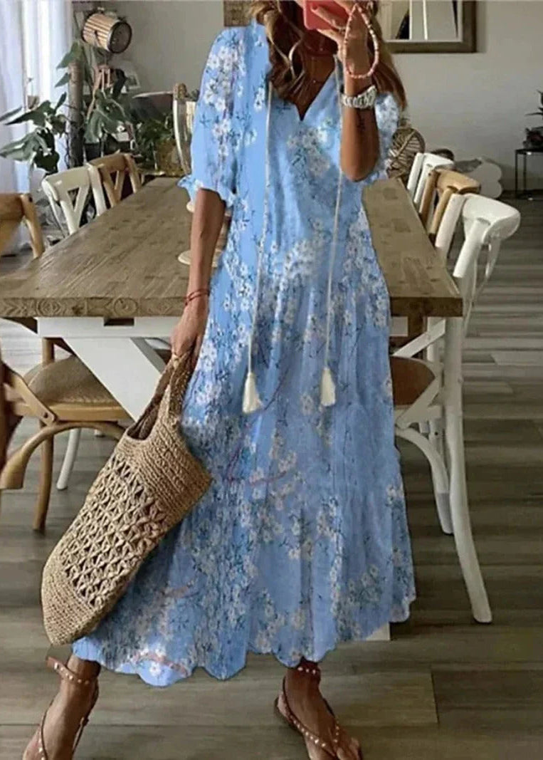 Robe Été Florale Longue avec Ceinture et Manches Courtes