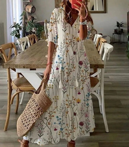 Robe Bohème Été Longue avec Ceinture et Décolleté Plongeant