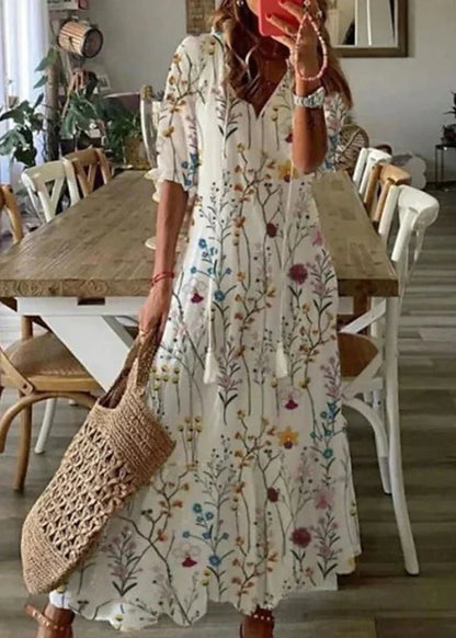 Robe Été Florale Longue avec Ceinture et Manches Courtes