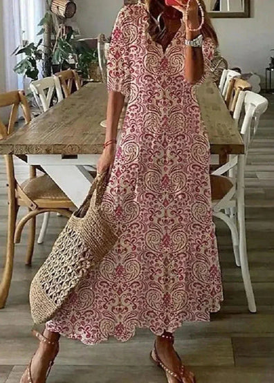 Robe Été Florale Longue avec Ceinture et Manches Courtes