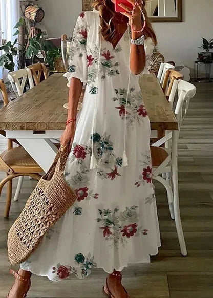 Robe Été Florale Longue avec Ceinture et Manches Courtes