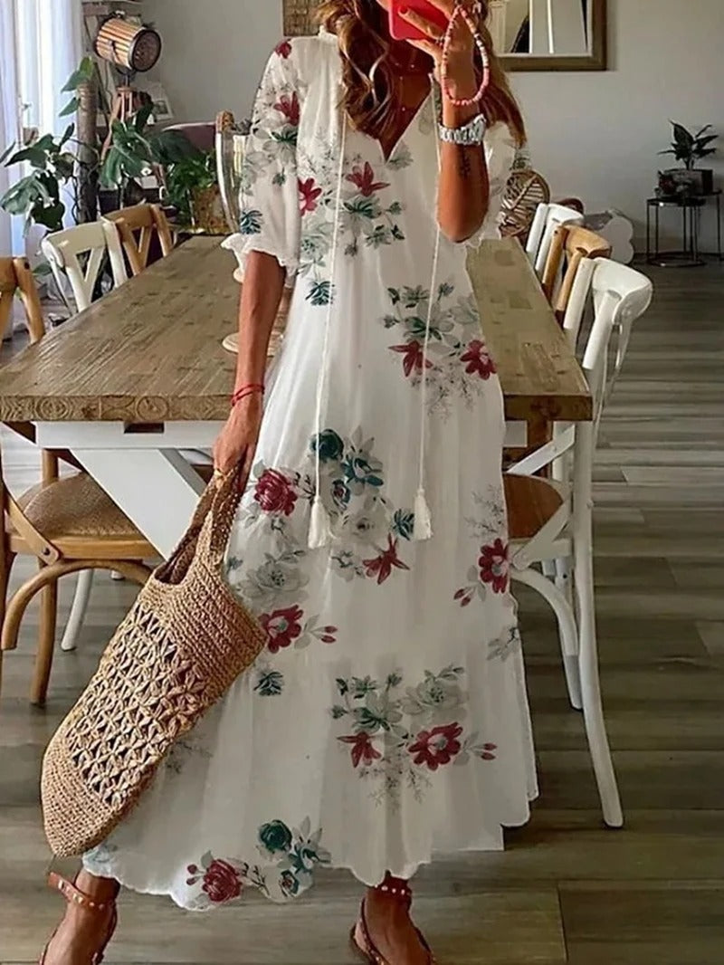 Robe Bohème Été Longue avec Ceinture et Décolleté Plongeant