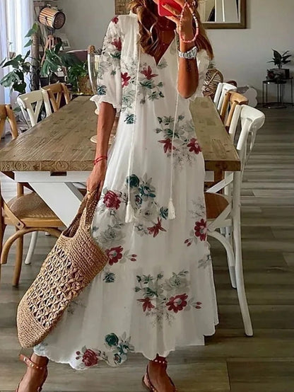 Robe Bohème Été Longue avec Ceinture et Décolleté Plongeant