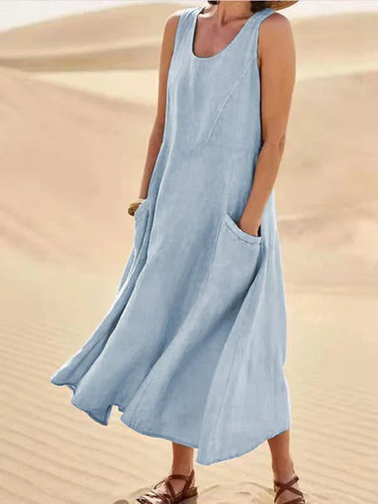 Robe Élégante Courte sans Manches avec Poches et Décolleté