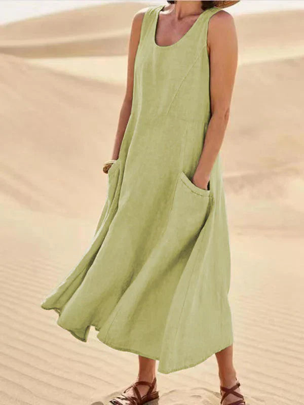 Robe Élégante Courte sans Manches avec Poches et Décolleté