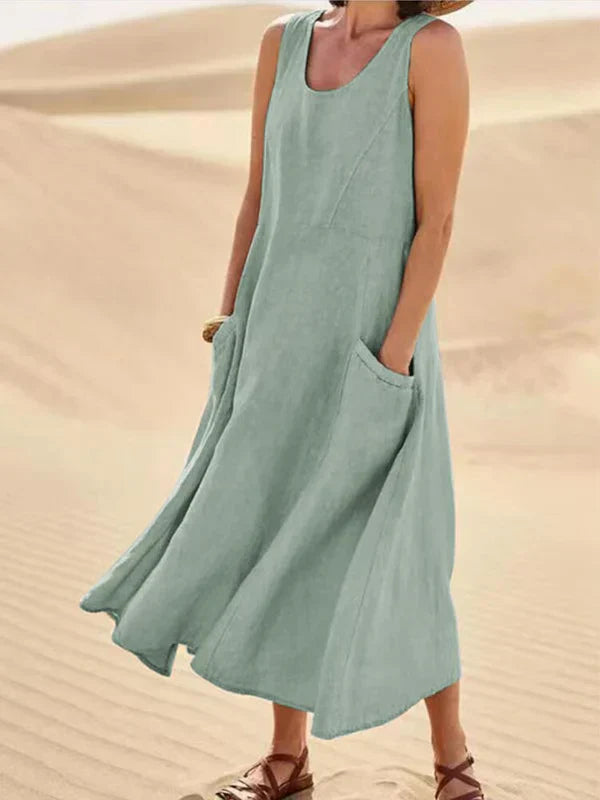 Robe Élégante Courte sans Manches avec Poches et Décolleté